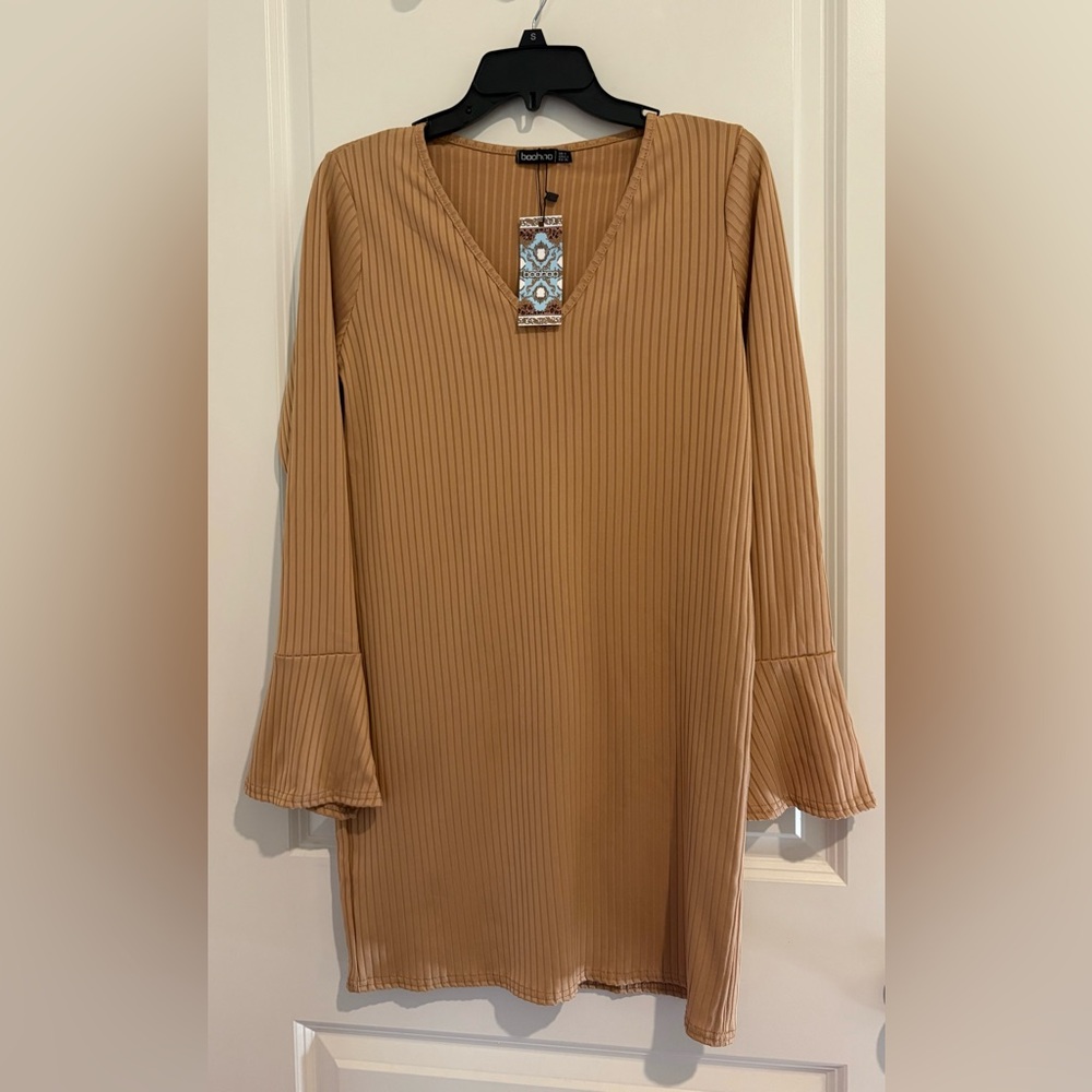 Boohoo Women's Tan Long Sleeve Sweater Dress
